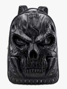 Men's Black Skull Embossed Backpack - Gothic Streetwear Faux Leather Backpack